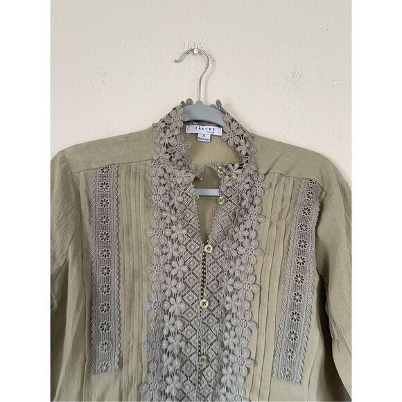 Favlux Green Striped Floral Embroidered 3/4 Sleeve Button Down‎ - Picture 3 of 8